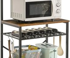 Kitchen Baker's Rack, Microwave Oven Stand with Storage Shelves, Industrial Coffee Bar Station, with Adjustable Wine Holders and S-Hooks, Metal Frame, Rustic Brown