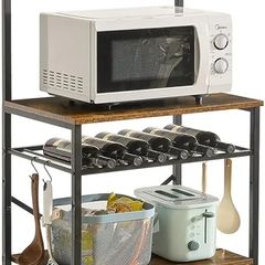 Kitchen Baker's Rack, Microwave Oven Stand with Storage Shelves, Industrial Coffee Bar Station, with Adjustable Wine Holders and S-Hooks, Metal Frame, Rustic Brown