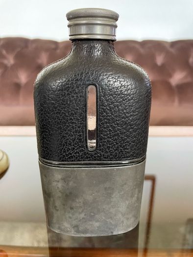Edwardian Pewter Glass and Leather Gentlemans Hip Flask