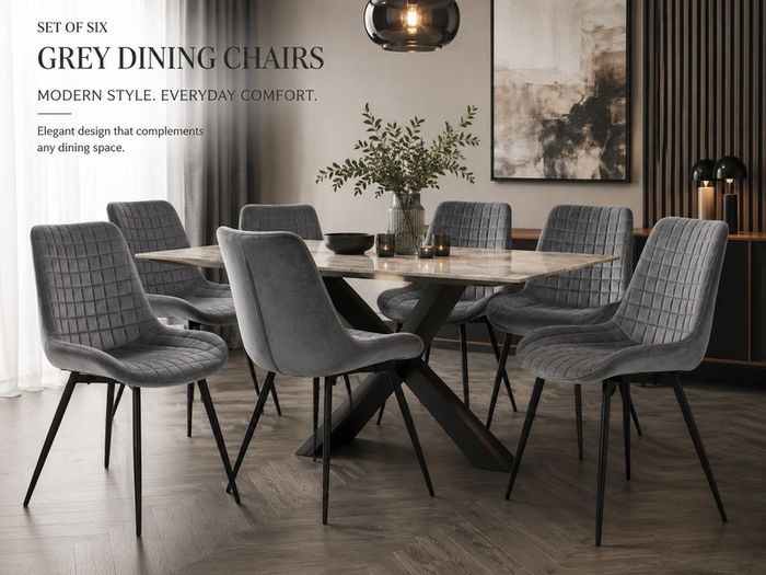 Set of 6 Grey Velvet Dining Chairs