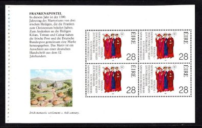 1989 Ireland Franconian Apostles/ 1300th Anniversary of the Martyrdom of Irish Missionaries to Germany (St Kilian's, Totnan & Coleman) Booklet Pane Mint Never Hinged (MNH). Hibernian: HP33c