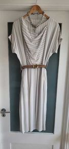 Gila Grunert Vintage Grey & White Vertical Striped Midi Dress with Pockets Sz 12-14