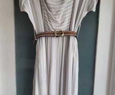 Gila Grunert Vintage Grey & White Vertical Striped Midi Dress with Pockets Sz 12-14