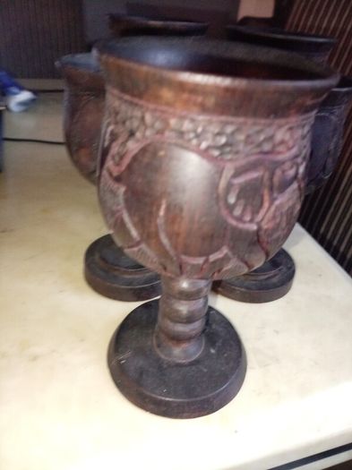 Set of 6 Hand-Carved African Wildlife Wooden Goblets  Vintage
