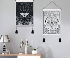 NEW SALE | Set of 2 Butterfly Small Tapestry Wall Hangings with Tassels, Moon and Sun Tarot Card Tapestries, Black White Garden Flowers Plants Wall Art Tapestry for Bedroom