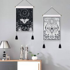 NEW SALE | Set of 2 Butterfly Small Tapestry Wall Hangings with Tassels, Moon and Sun Tarot Card Tapestries, Black White Garden Flowers Plants Wall Art Tapestry for Bedroom