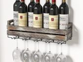 Wall Mounted Rustic Wood Wine Storage Rack with Metal Glass Holder, Holds 6 bottles, 5 Glasses, Decorative for Home Bar, Dining Room, Kitchen - MK566A
