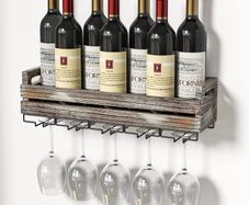 Wall Mounted Rustic Wood Wine Storage Rack with Metal Glass Holder, Holds 6 bottles, 5 Glasses, Decorative for Home Bar, Dining Room, Kitchen - MK566A