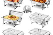 Chafing Dish Buffet Set, 8 Qt 6 Pack, Stainless Steel Chafer with 6 Full Size Pans, Rectangle Catering Warmer Server with Lid Water Pan Stand Fuel Holder, for Weddings Parties Banquets, Silver