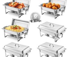 Chafing Dish Buffet Set, 8 Qt 6 Pack, Stainless Steel Chafer with 6 Full Size Pans, Rectangle Catering Warmer Server with Lid Water Pan Stand Fuel Holder, for Weddings Parties Banquets, Silver