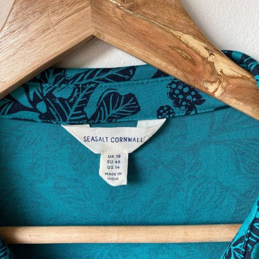 Seasalt Cornwall Teal Blue Leaf Print Blouse Shirt Size 18