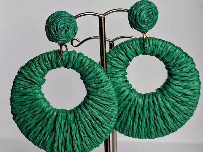 Grass Green Raffia Woven Stud Hollow Out Woven Hoop Earrings