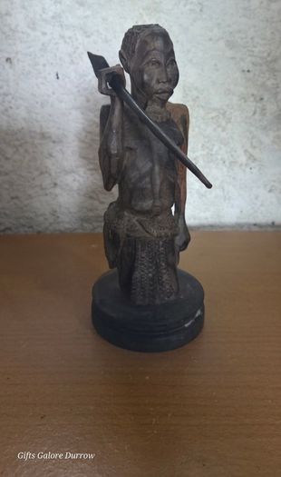 Hand-Carved Wooden Warrior Figure with Spear