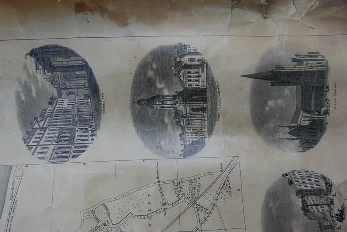 Antique DUBLIN. Map of Dublin & Suburbs with 22 vignettes of Dublin landmarks. Published by Edward Heffernan, 1st June, 1868, 12 Charleville Road, Rathmines. 28" x 22,5". Linen backed. Frayed at edges