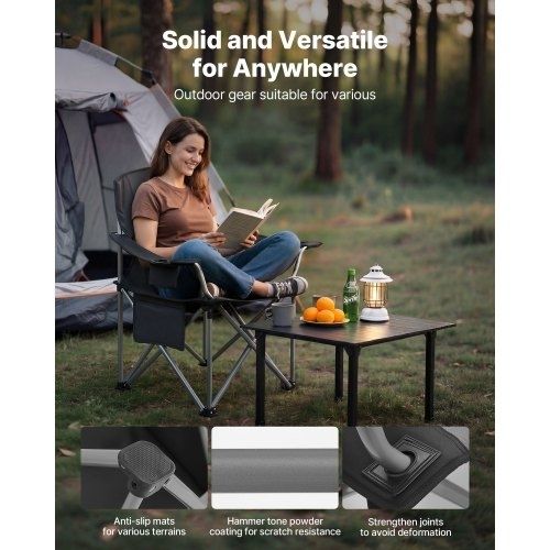 Oversized Camping Chairs, 204 kg Heavy Duty Support, Portable Folding Camp Chairs with Padded Backrest & Armrests, Cup Holder & Side Pocket, Cooler Bag, Carry Bags for Outdoor, Fishing, 2 Pack