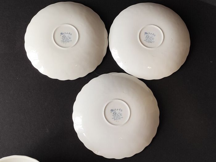 A Set of Six Myott Staffordshire Ironstone Royal Mail Soup Bowls and Melody Saucers