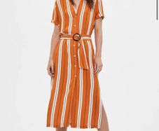 Bershka Orange Striped Midi Shirt Dress with Belt