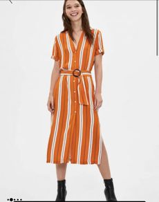 Bershka Orange Striped Midi Shirt Dress with Belt