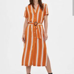 Bershka Orange Striped Midi Shirt Dress with Belt