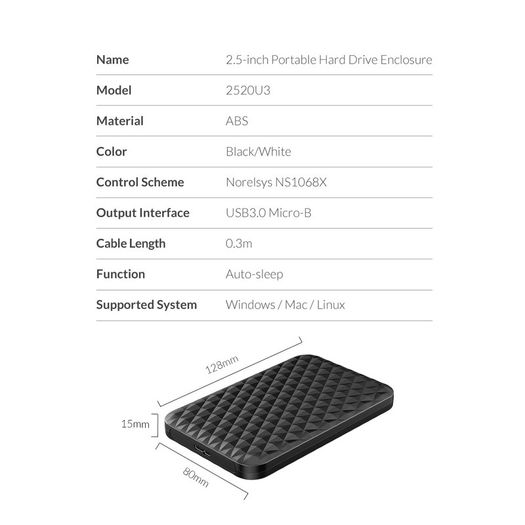 ORICO USB 3.0 (UASP) 5Gbps to SATA 2.5" HDD/SSD Enclosure with Auto Sleep Mode (Brand New/Warranty)
