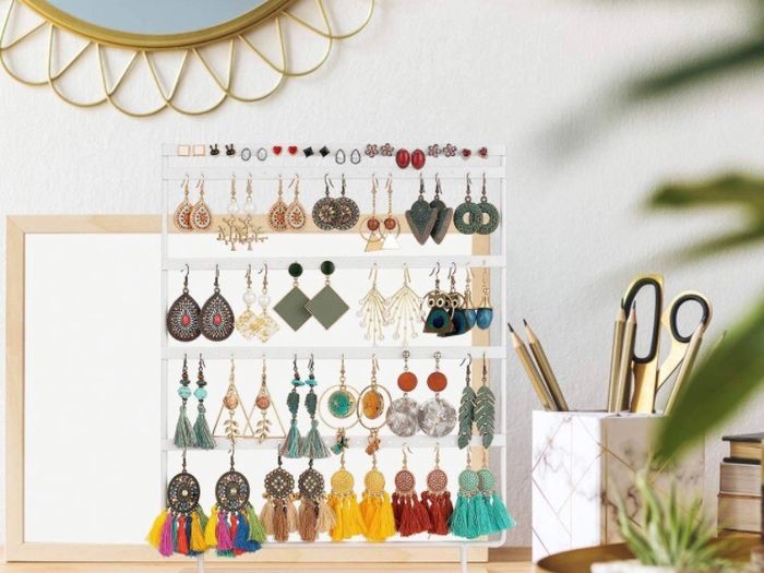 100 Holes Earring Stand Holder 5-Tier Earring Organiser Earring Display Stand Rack Jewellery Stand Holder Organiser Tower with Tray for Earrings Studs (MULTIPLE COLOURS)