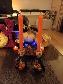 Halloween wooden candlesticks & candles x 2