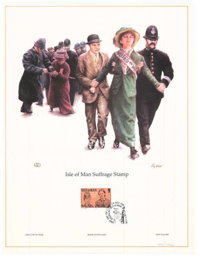 1981 Isle of Man Limited Edition Lithographed Print measuring 333mm X 257mm showing Centenary of Manx Women's Suffrage / Votes for Women Commemorative Stamp with First Day of Issue Cancel