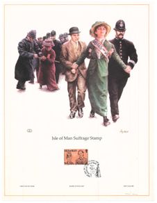 1981 Isle of Man Limited Edition Lithographed Print measuring 333mm X 257mm showing Centenary of Manx Women's Suffrage / Votes for Women Commemorative Stamp with First Day of Issue Cancel