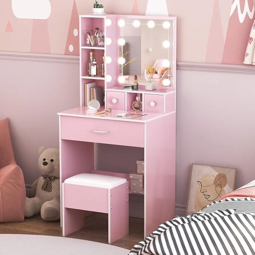 Dressing Table with Mirror and Stool, 10 LED Light Bulbs Vanity Desk with Storage Shelves & 3 Drawers, Kids Vanity Table and Chair Bedroom Furniture Girls Vanity Set 60cm Pink Makeup Desk