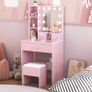 Dressing Table with Mirror and Stool, 10 LED Light Bulbs Vanity Desk with Storage Shelves & 3 Drawers, Kids Vanity Table and Chair Bedroom Furniture Girls Vanity Set 60cm Pink Makeup Desk Image 6