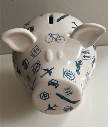 Extra Large ceramic piggy Bank featuring transportation and road signs