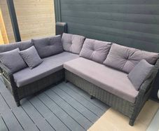 Rattan garden corner sofa with rattan gas firepit table
