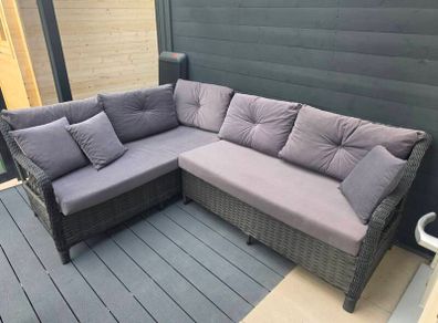 Rattan garden corner sofa with rattan gas firepit table