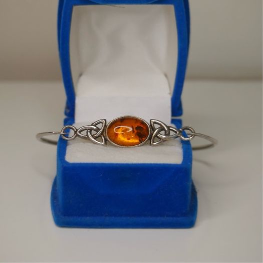 925 Sterling Silver Celtic Knot Bangle with Baltic Amber