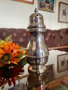Vintage Silver Plated Sugar Caster or Shaker Baluster Shaped Body Floral foliate Engraving