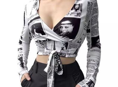 Long Sleeve Newspaper Pattern Top