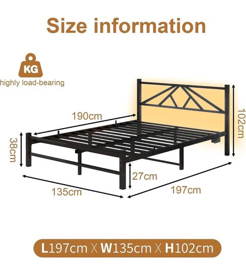 Double Bed Frame with Charging Station,LED Headboard,Black Modern Geometric Headboard Metal Platform Bed Frame for bedroom,Under Bed Storage Space,No Box Spring Needed,Easy Assembly