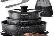 Academy Non Stick Pots and Pans Set, Detachable Handle Induction Hob Pans Set,10 Piece Black Granite Cookware Set with Removable Handle Stackable RV Camp Cookware