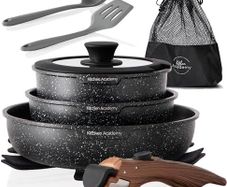 Academy Non Stick Pots and Pans Set, Detachable Handle Induction Hob Pans Set,10 Piece Black Granite Cookware Set with Removable Handle Stackable RV Camp Cookware