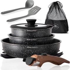 Academy Non Stick Pots and Pans Set, Detachable Handle Induction Hob Pans Set,10 Piece Black Granite Cookware Set with Removable Handle Stackable RV Camp Cookware