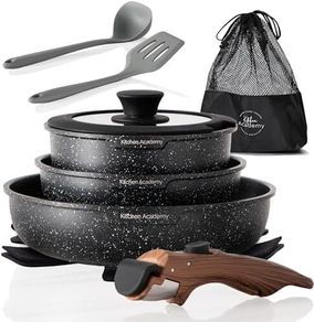 Academy Non Stick Pots and Pans Set, Detachable Handle Induction Hob Pans Set,10 Piece Black Granite Cookware Set with Removable Handle Stackable RV Camp Cookware