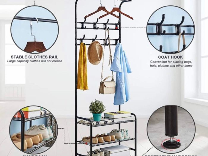 Coat Rack Shoe Bench with 16 Hooks, Metal Coat Hat Rack Free Standing Clothes Stand with 3-Tier Shoe Rack Bench, Hat Umbrella Stand Hallway Organiser, 3-in-1 Hall Tree with Metal Frame
