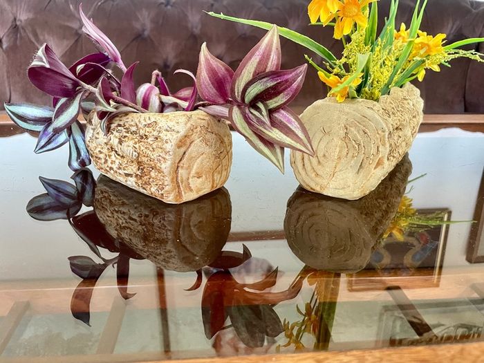 Vintage Set MCM Plant Pots x 2 Bark Pattern Stoneware Succulent Bonsai Planter 1950s