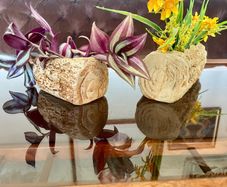Vintage Set MCM Plant Pots x 2 Bark Pattern Stoneware Succulent Bonsai Planter 1950s