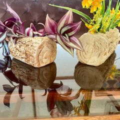 Vintage Set MCM Plant Pots x 2 Bark Pattern Stoneware Succulent Bonsai Planter 1950s