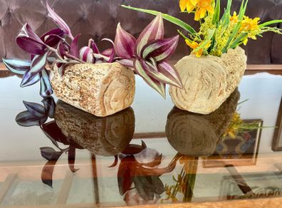 Vintage Set MCM Plant Pots x 2 Bark Pattern Stoneware Succulent Bonsai Planter 1950s