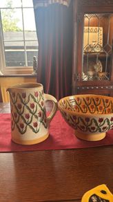 Nicholas MosseRed tulip set of two vintage items . A  7 and a half inch cylinder jug and a 9 inch diameter bowl. Can sell separately also