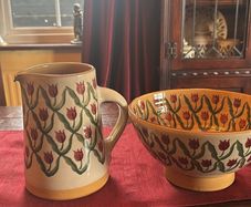 Nicholas Mosse REDUCED. Red  tulip set of two vintage items . A  7 and a half inch cylinder jug and a 9 inch diameter bowl. Can sell separately also