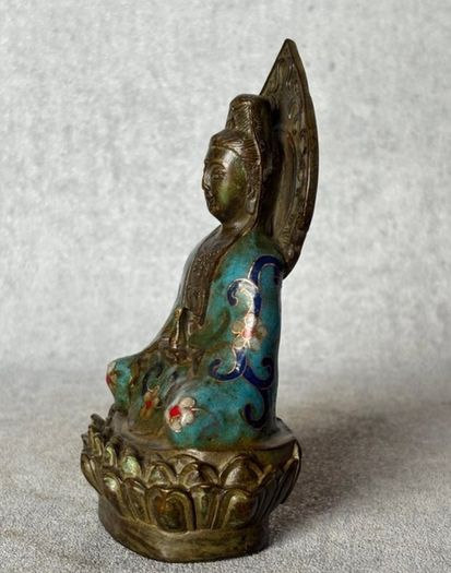 Cloisonne Guanyin Sitting On A Lotus Throne - Enameled  Bronze, Signed