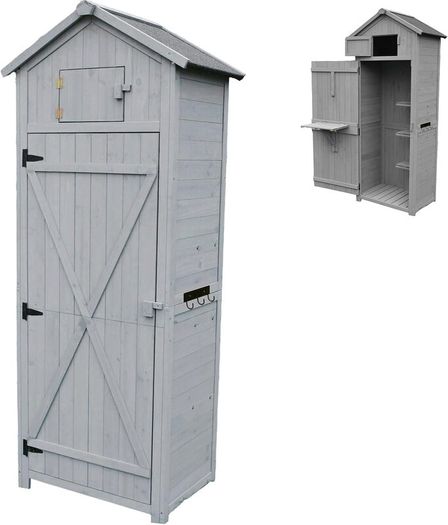 Wooden Garden Storage Shed  Tall Outdoor Tool Cabinet with Shelves & Folding Table